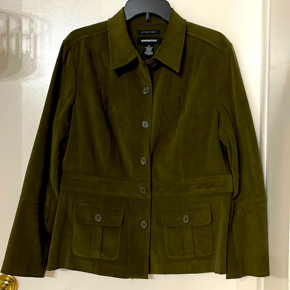 NORTONS STUDIO STRETCH SHACKET SOFT WOMENS GREEN SIZE 14 BOTTON SLEEVE POCKETS